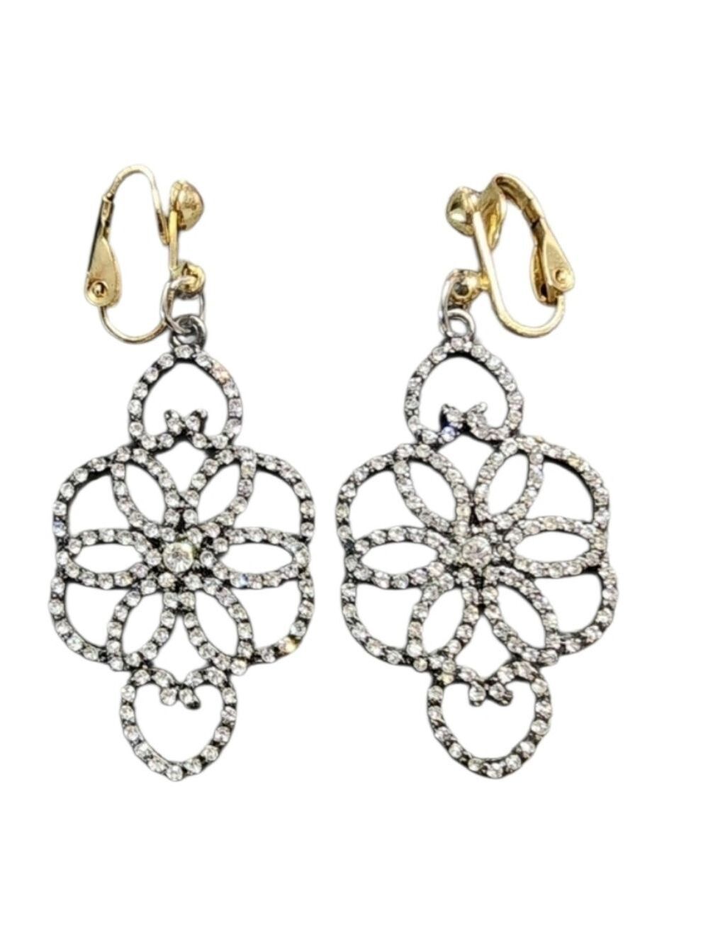 Goldtone and Black Clip On Earrings with Rhinestones
